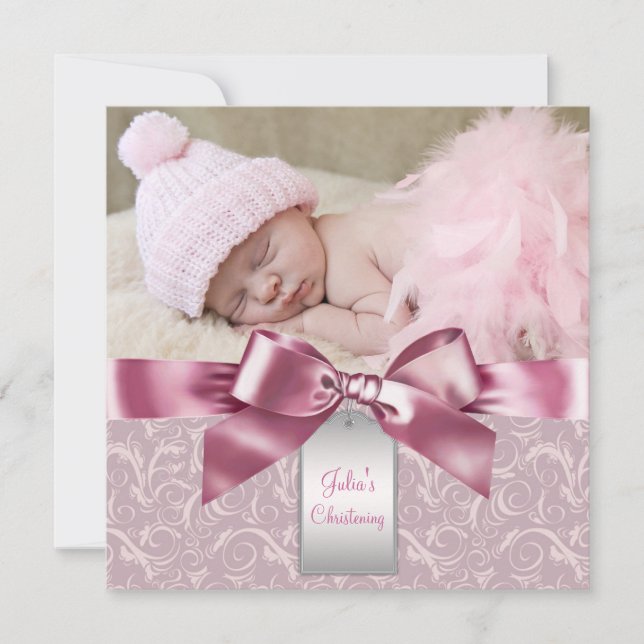 Invitación Pink Damask Baby Photo Christening (Anverso)