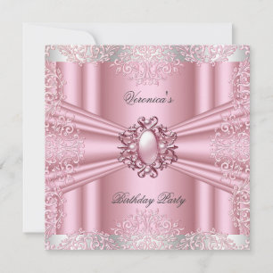 Invitación Pink Damask Lace Pearl Diamond Birday Party