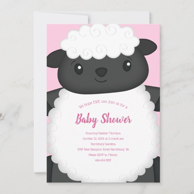 Invitación Pink de Baby Shower de ovejas (Anverso)