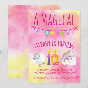 Invitación Pink de la fiesta de cumpleaños 10 de Unicornio