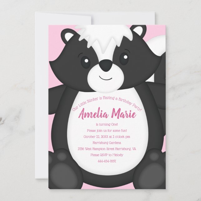 Invitación Pink de la fiesta de cumpleaños del zorrillo (Anverso)