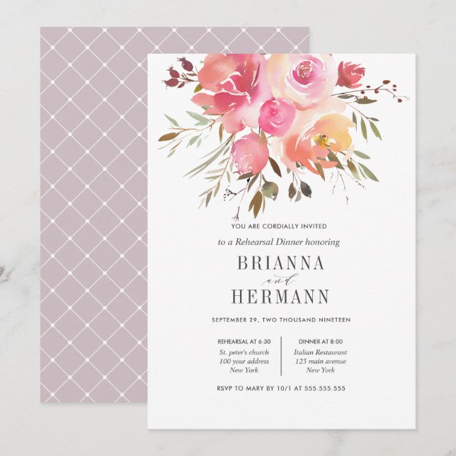 Invitación Pink de sueños | Cena de ensayo Boda de flores (Anverso / Reverso)