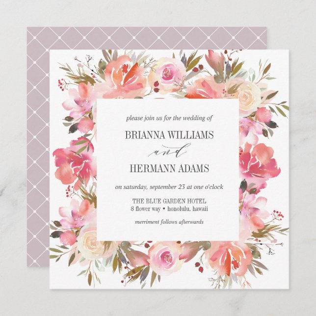 Invitación Pink de sueños | Fancy Spring Floral Diamond Boda (Anverso / Reverso)