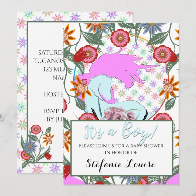 Invitación Pink de Unicorn es un chico! (flores y rosa) (Anverso / Reverso)