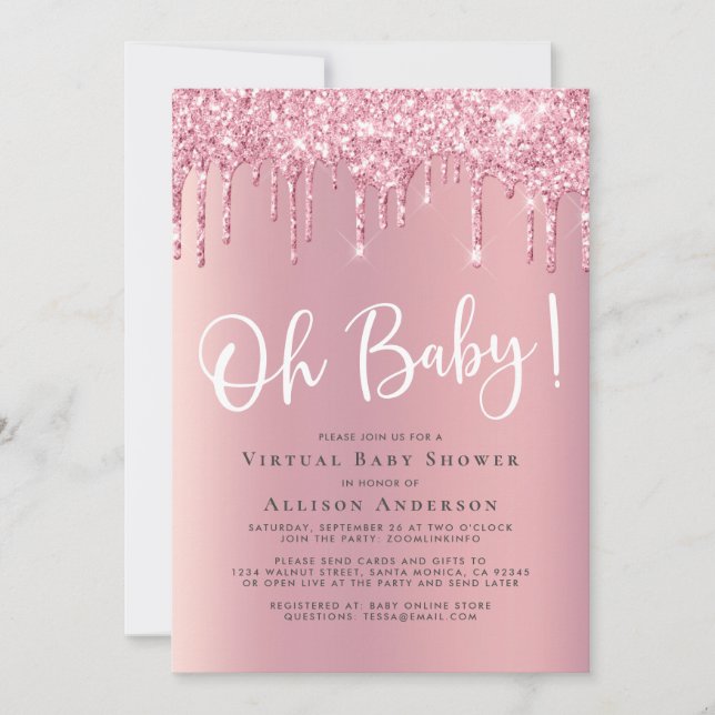 Invitación Pink del Purpurina virtual de Baby Shower (Anverso)