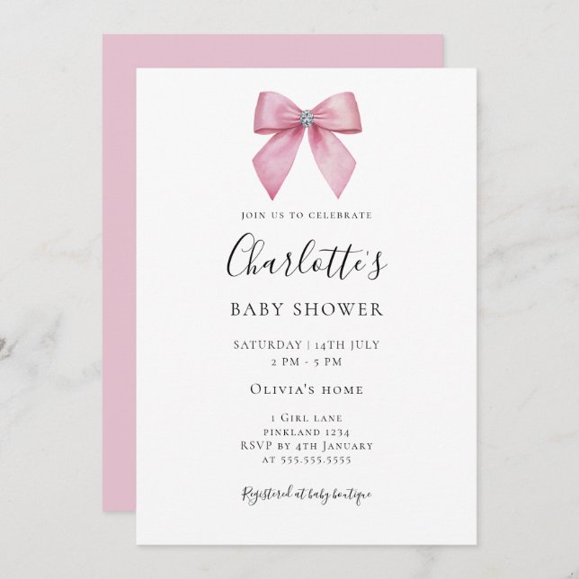 Invitación Pink Diamond Bow Girl Baby Shower Invitation (Anverso / Reverso)