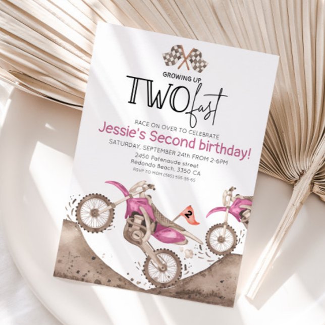 Invitación Pink Dirt Bike 2nd birthday - Growing up two fast (pink dirt bike growing up two fast birthday invitation)