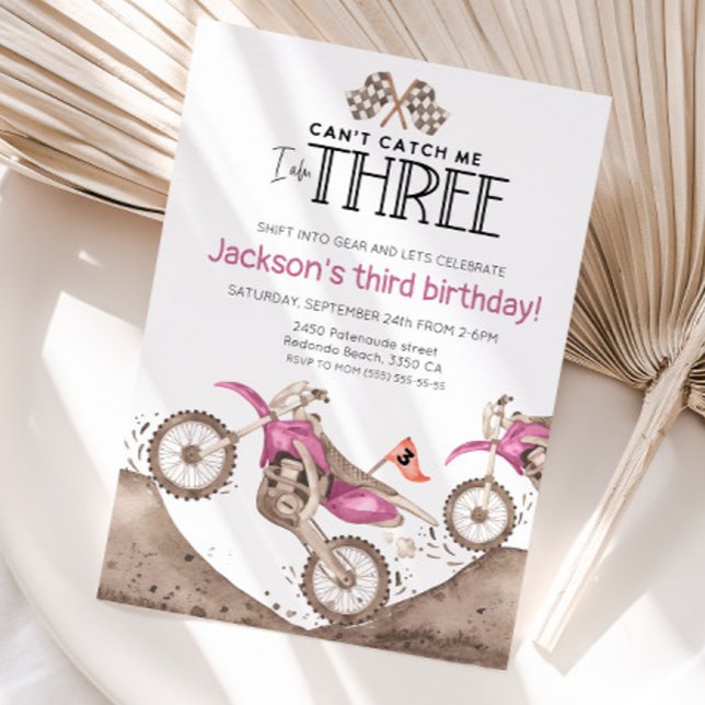 Invitación Pink Dirt Bike 3rd birthday - Cant catch me (Pink dirt bike birthday invitation, cute watercolor pink dirt bike)