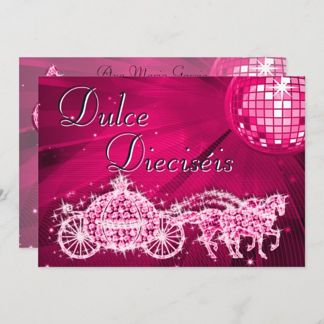 Invitación Pink Disco Ball, Princess Coach & Horses Sweet 16 (Anverso / Reverso)