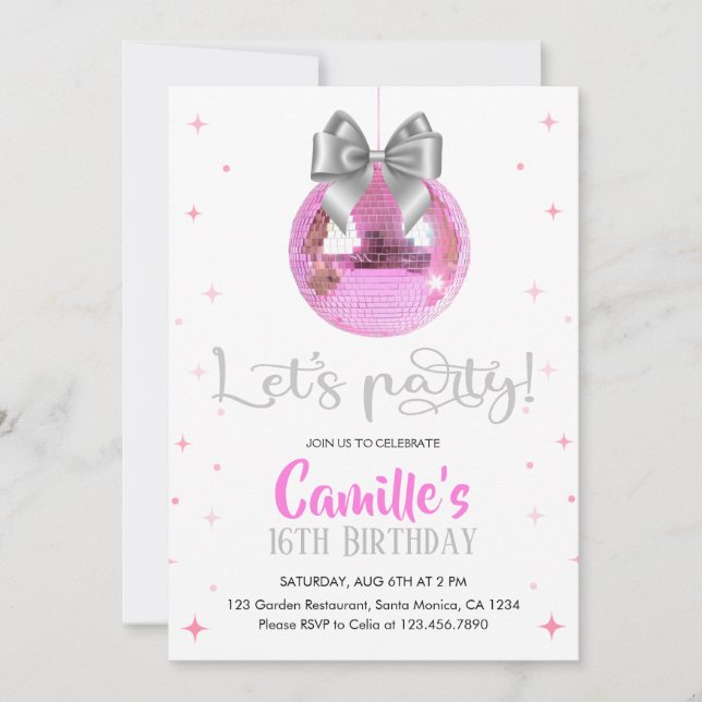 Invitación Pink Disco Ball | Silver bow Birthday  (Anverso)