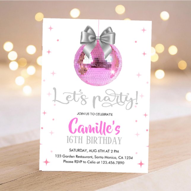 Invitación Pink Disco Ball | Silver bow Birthday  (Subido por el creador)