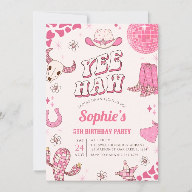 Invitación Pink Disco Cowgirl Rodeo Birday Party (Anverso)