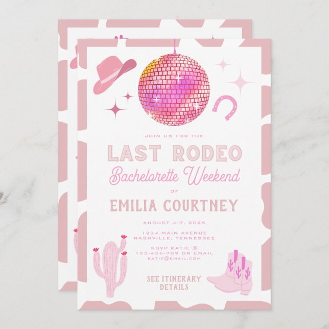 Invitación Pink Disco Cowgirl Último Rodeo Bachelorette Weeke (Anverso / Reverso)