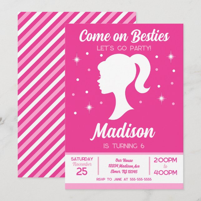 Invitación Pink Doll Besties Fashion Party Birthday  (Anverso / Reverso)