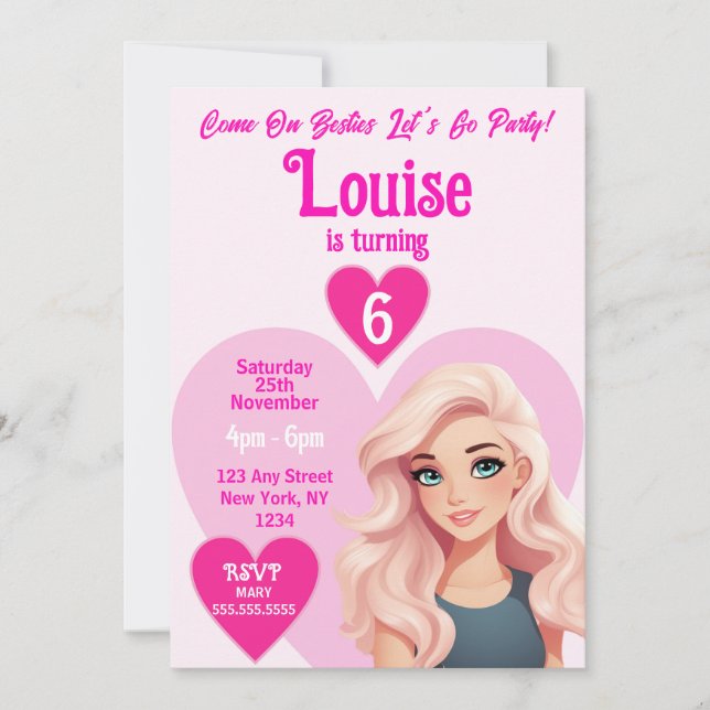 Invitación Pink Doll Chica Besties Fiesta de Cumpleaños (Anverso)
