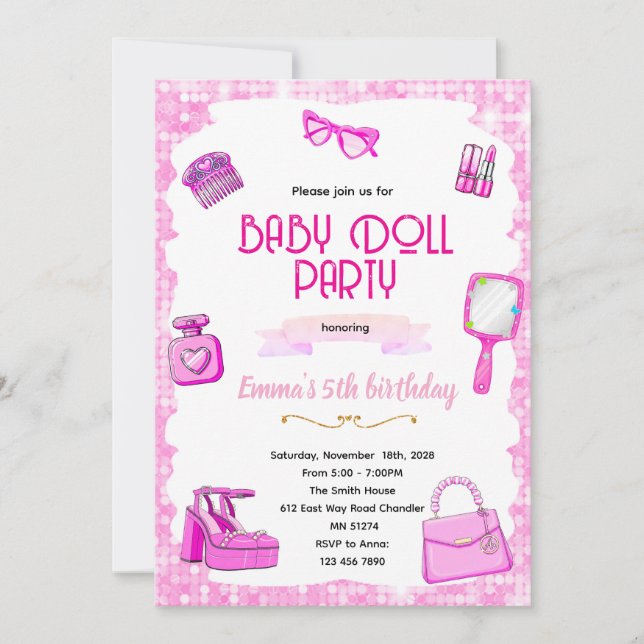 Invitación Pink doll party invitation (Anverso)
