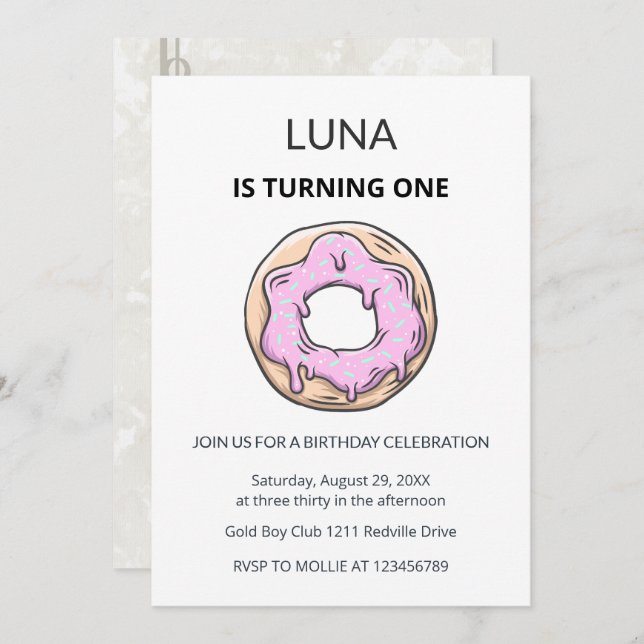 Invitación Pink Donut 1st Birthday Invitation Girl  (Anverso / Reverso)