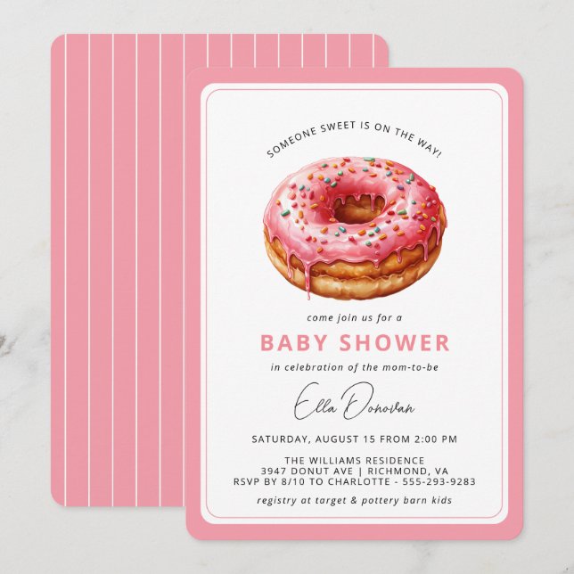 Invitación Pink Donut | Chica de temas de postre dulce Baby S (Anverso / Reverso)