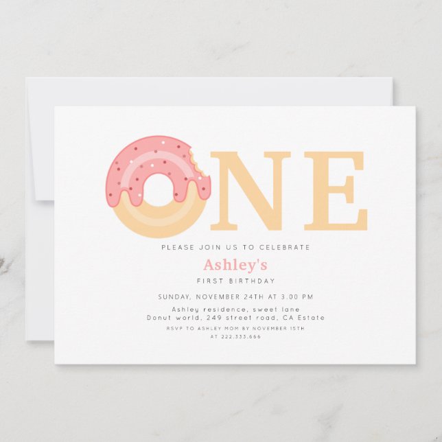 Invitación Pink Donut One First Birthday (Anverso)
