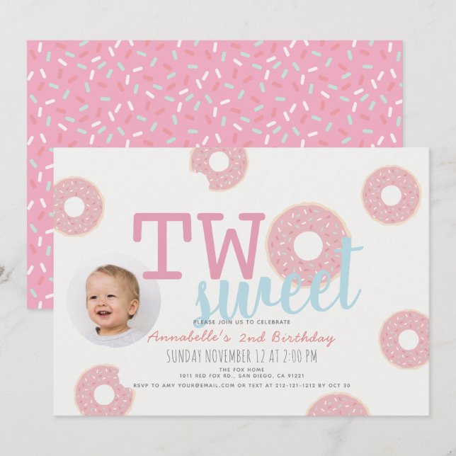 Invitación Pink Donut Two Sweet Chica Photo 2º cumpleaños (Anverso / Reverso)