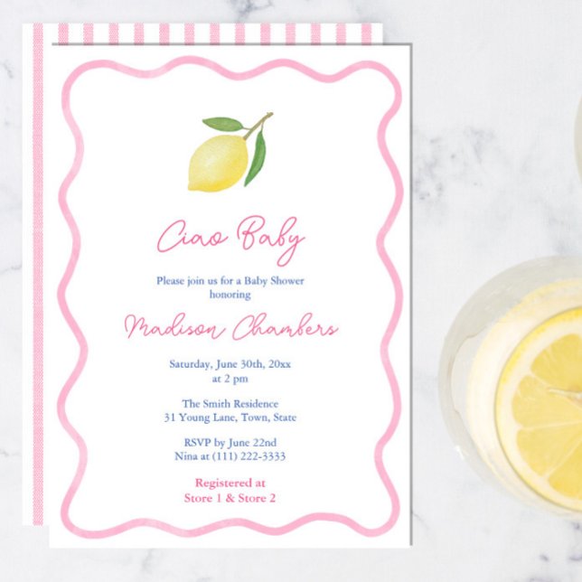 Invitación Pink Doodle Border Lemon Baby Shower (Ciao Baby Girl Shower invite with trendy pink wavy border, citrus lemon and pink white stripe backer)