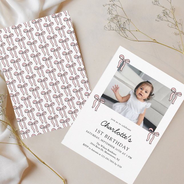 Invitación Pink Doodle Bow Baby Girl Primer Cumpleaños (Subido por el creador)