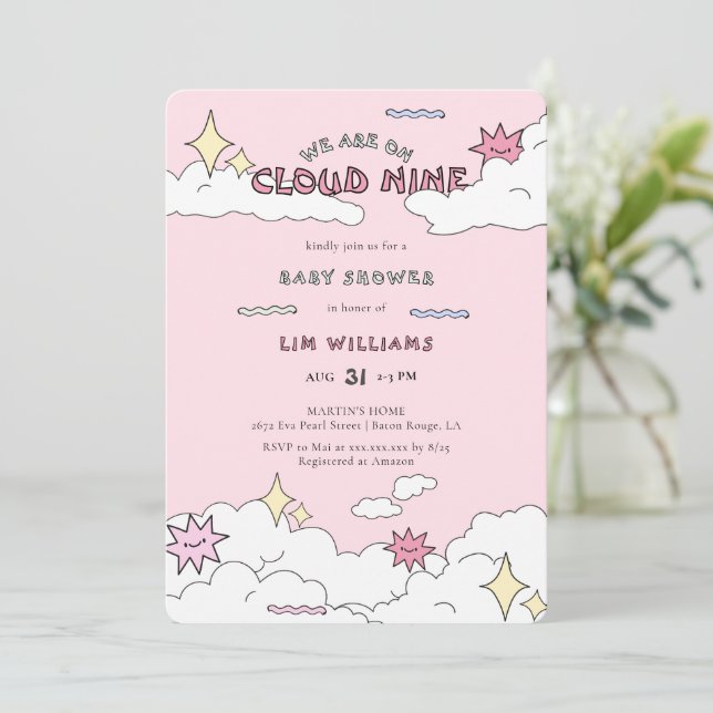 Invitación Pink Doodle Cloud Nueve Baby Shower (Anverso de pie)