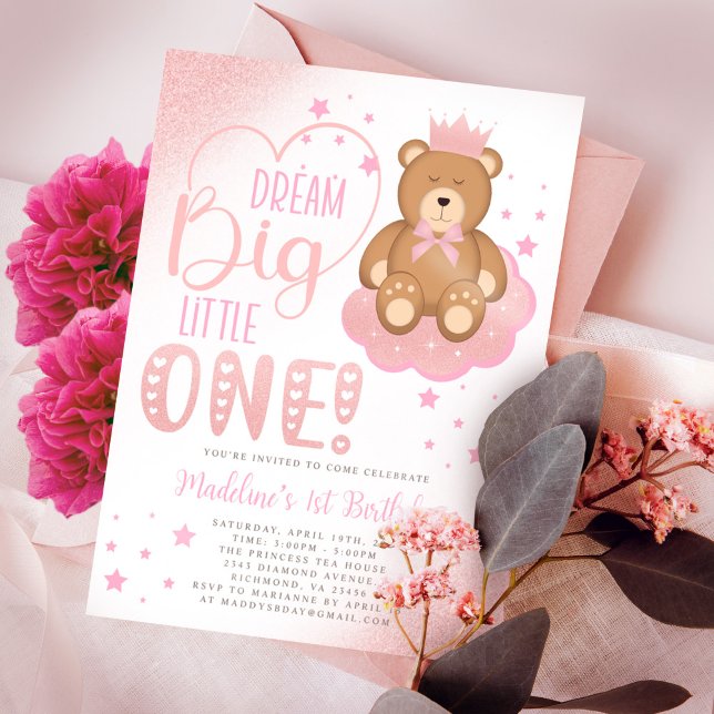 Invitación Pink Dream Big Little One Sleepy Bear Cumpleaños (Subido por el creador)
