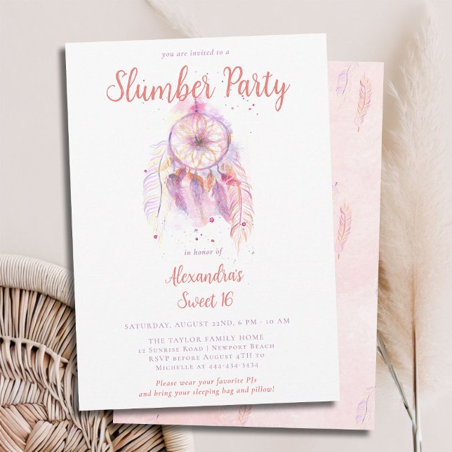 Invitación Pink Dream Catcher Slumber PJ Fiesta Sweet 16 (sweet 16 slumber party invitation birthday pj sleep over dreamcatcher pink orange watercolor feather)