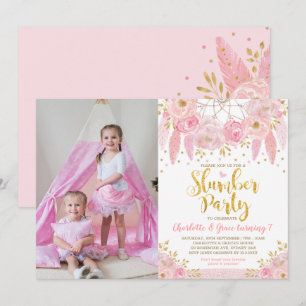 Invitación Pink Dreamcatcher Slumber Fiesta Cumpleaños Sleepo