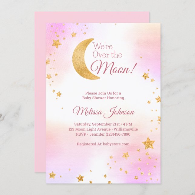 Invitación Pink Dreamy We're Over the Moon Chica Baby Shower (Anverso / Reverso)