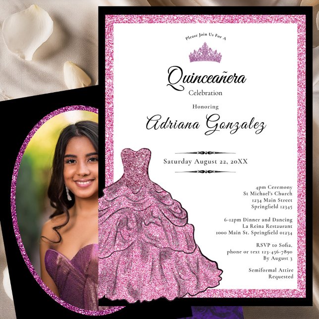 Invitación Pink Dress and Tiara Custom Photo Quinceanera (Subido por el creador)