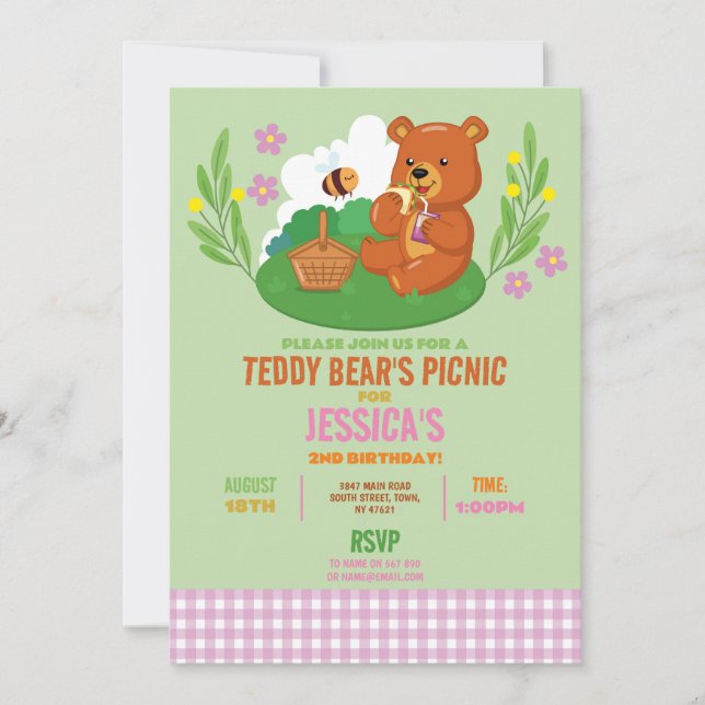 Invitación Pink, el parque de fiestas de cumpleaños de Teddy  (Anverso)