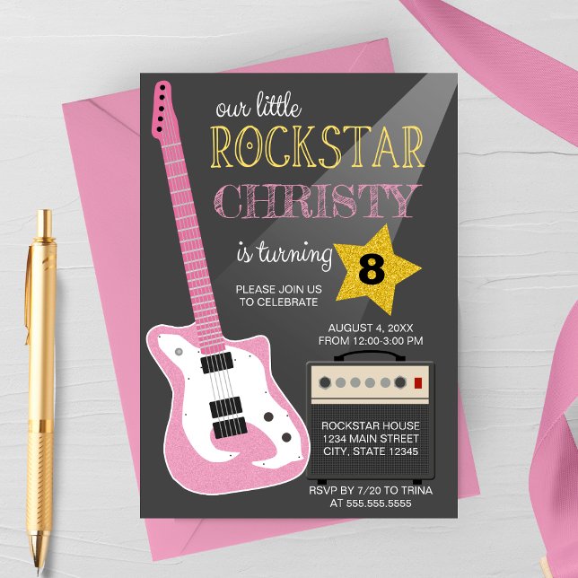 Invitación Pink Electric Guitar Rockstar Birthday Party (Subido por el creador)