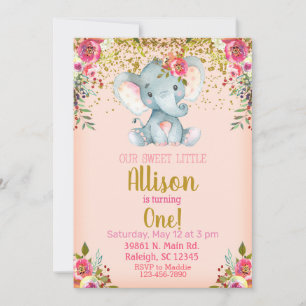 Invitación Pink elephant and flowers girl birthday