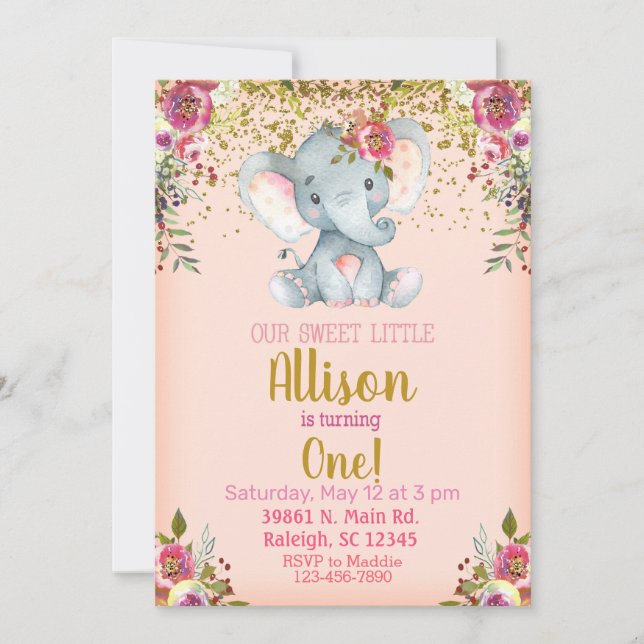 Invitación Pink elephant and flowers girl birthday (Anverso)