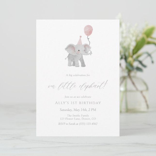 Invitación Pink Elephant First Birthday Invitation Watercolor (Anverso de pie)