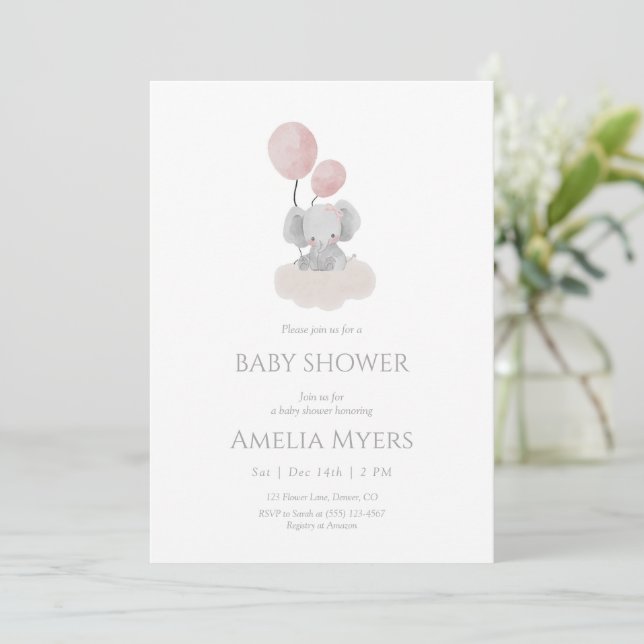 Invitación Pink Elephant on Cloud Baby Shower Invitation (Anverso de pie)