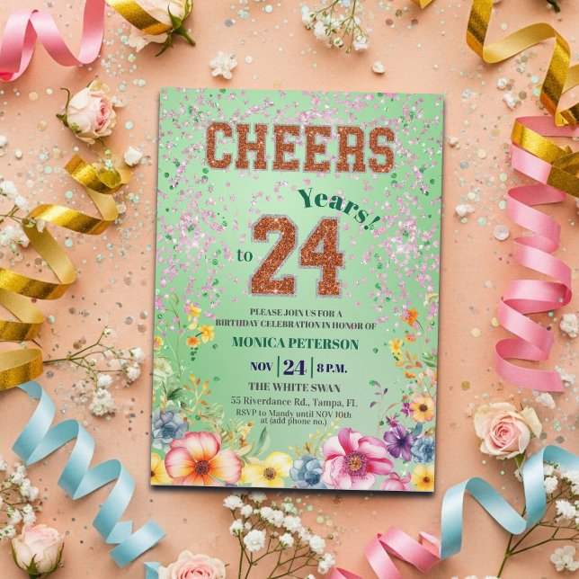 Invitación Pink Emerald Glitter Floral 24th Birthday Party (Subido por el creador)