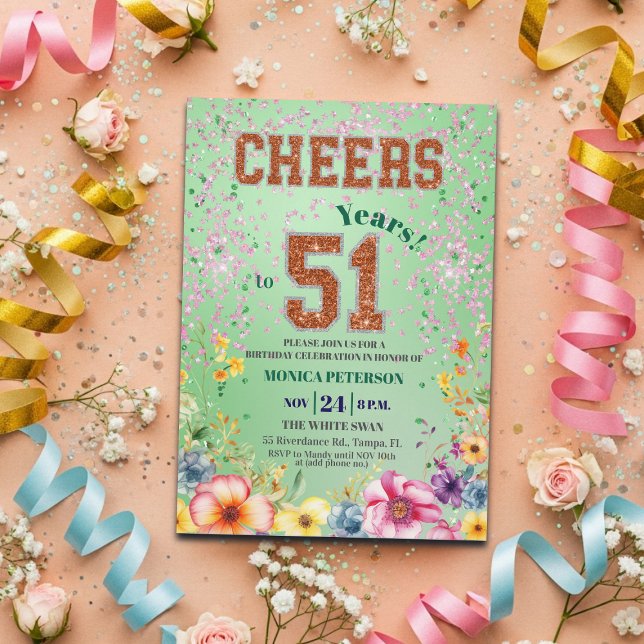 Invitación Pink Emerald Glitter Floral 51st Birthday Party (Subido por el creador)