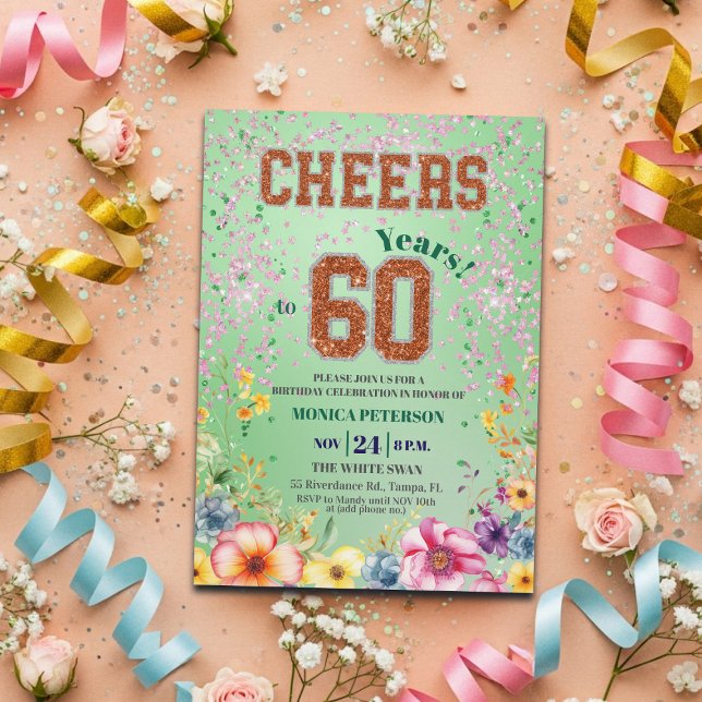 Invitación Pink Emerald Glitter Floral 60th Birthday Party (Subido por el creador)