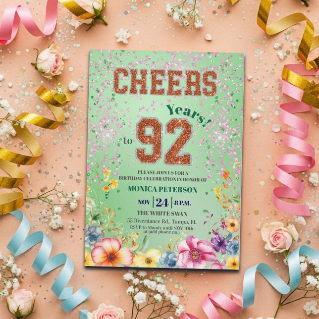 Invitación Pink Emerald Glitter Floral 92nd Birthday Party (Subido por el creador)