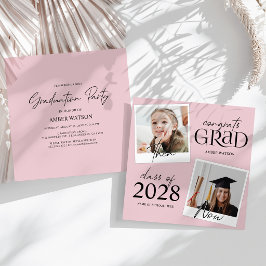 Invitación Pink Entonces Y Ahora | 2 Fotos De Graduación