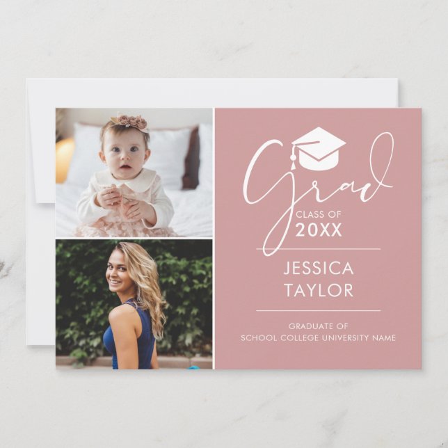 Invitación Pink Entonces Y Ahora 2 Photo Graduation Party (Anverso)