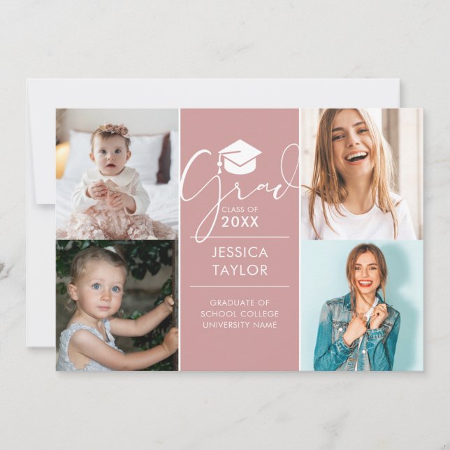 Invitación Pink Entonces Y Now 4 Photo Graduation Party (Anverso)