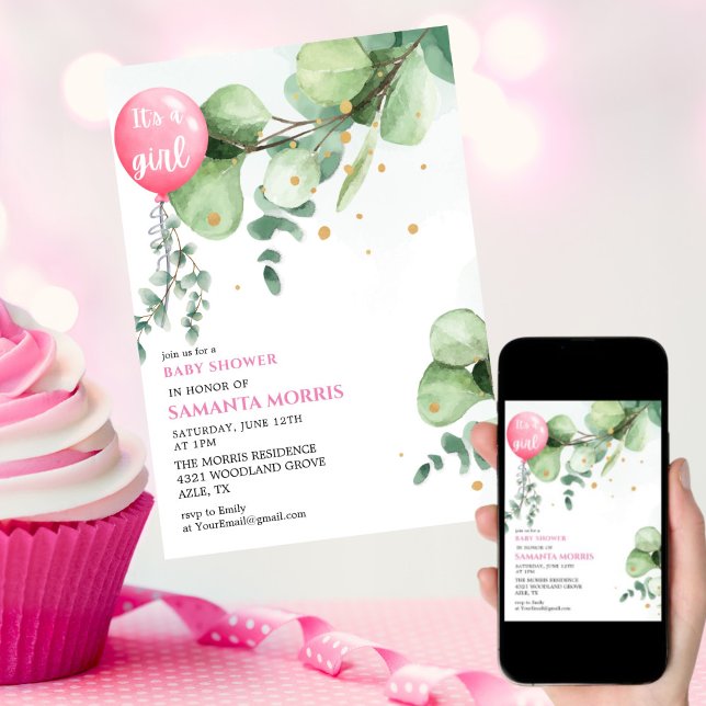 Invitación Pink eucalyptus Balloon It's a Girl Baby Shower  (Subido por el creador)