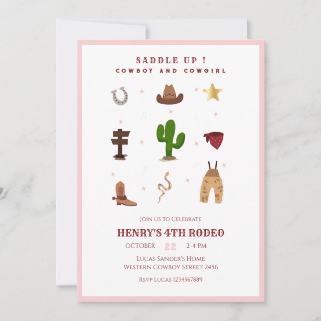 Invitación Pink Every Year Rodeo Cowboy Kids Birday (Anverso)