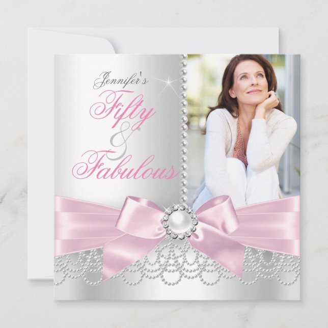 Invitación Pink Fabulous 50 Bow white Pearls Photo Birthday (Anverso)