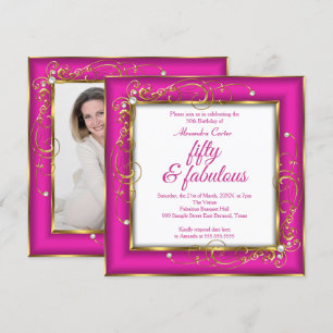 Invitación Pink Fabulous 50 Photo Gold Pearl cumpleaños Party