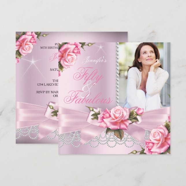 Invitación Pink Fabulous 50 Rosas Bow Pearls Photo Birthday (Anverso / Reverso)